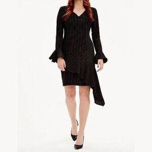 New Focus by Shani Pinstriped Asymmetrical Dress with Ruffle Hem Bell Sleeves 4